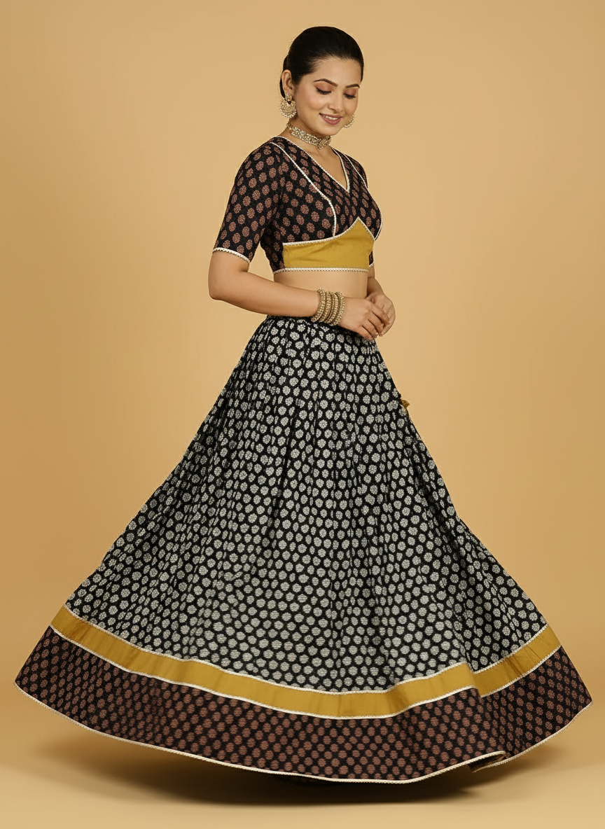 Gaurav x Tyohaar Lehenga Set, in Black 100% Cotton - Block Printed, featuring elbow sleeves and v-neckline (view 5).