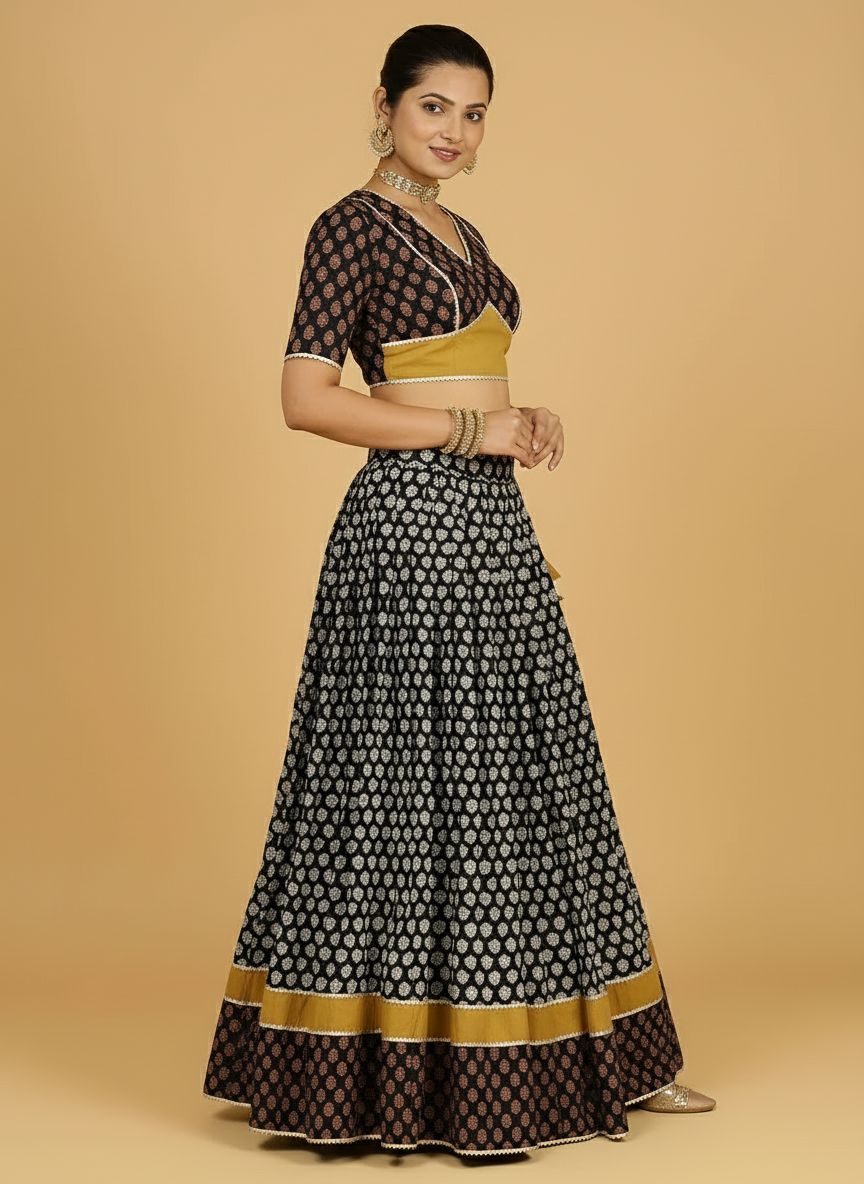 Gaurav x Tyohaar Lehenga Set, in Black 100% Cotton - Block Printed, featuring elbow sleeves and v-neckline (view 6).