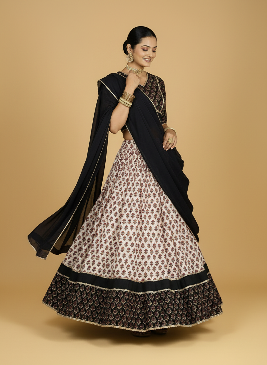 Harshil x Tyohaar | Cream & Black Handblock Printed FlareFit™ Lehenga Set with Dupatta