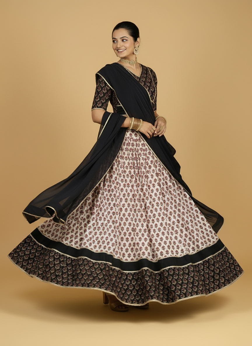 Harshil x Tyohaar Lehenga Set, in Cream 100% Cotton - Block Printed, featuring elbow sleeves and v-neckline (view 3).