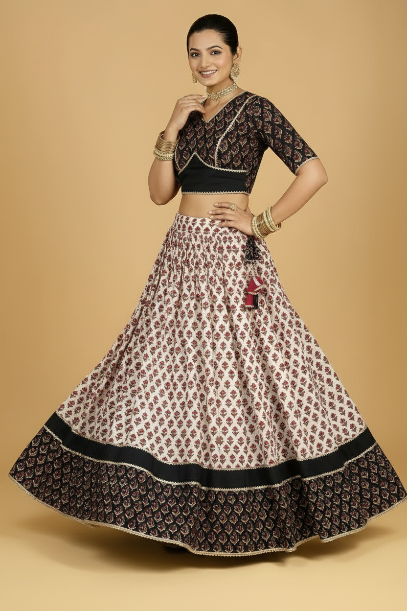 Harshil x Tyohaar Lehenga Set, in Cream 100% Cotton - Block Printed, featuring elbow sleeves and v-neckline (view 6).