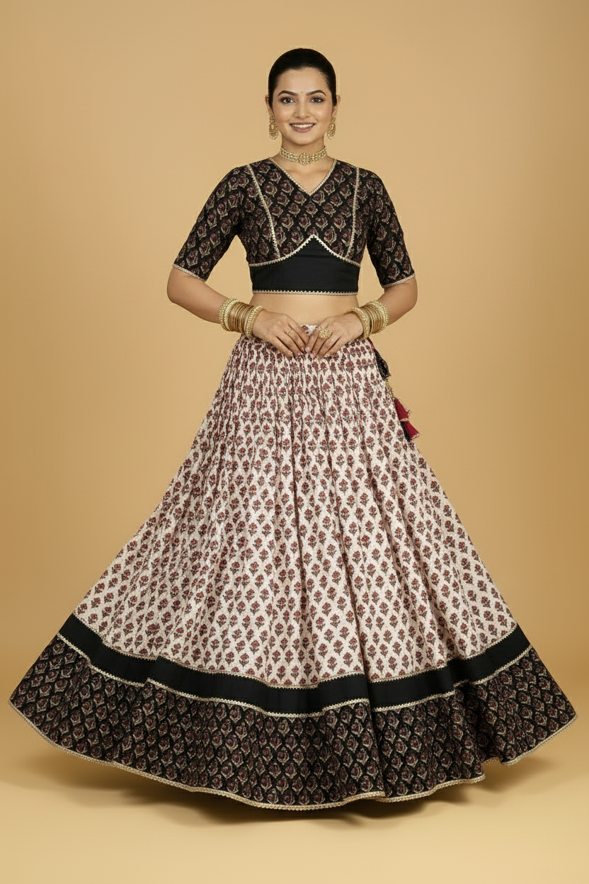 Harshil x Tyohaar Lehenga Set, in Cream 100% Cotton - Block Printed, featuring elbow sleeves and v-neckline (view 7).