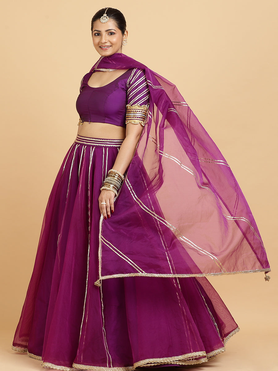 Heer Anisha 4-Pc Lehenga Set x Tyohaar, in Purple, featuring elbow sleeves and round neckline, made for party & festive.