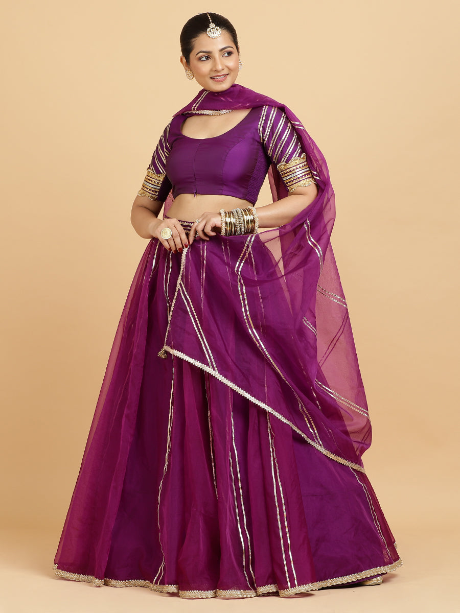 Heer Anisha 4-Pc Lehenga Set x Tyohaar, in Purple, featuring elbow sleeves and round neckline, made for party & festive.