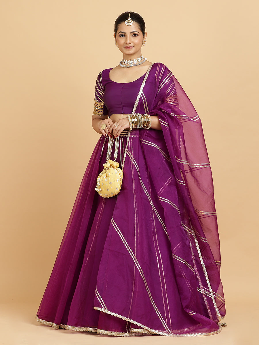 Heer Anisha 4-Pc Lehenga Set x Tyohaar, in Purple, featuring elbow sleeves and round neckline, made for party & festive.