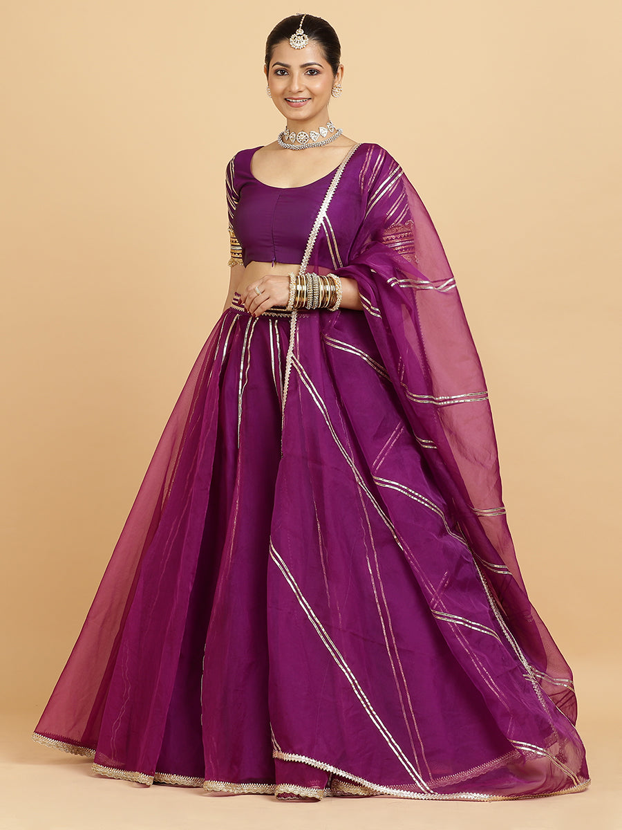 Heer Anisha 4-Pc Lehenga Set x Tyohaar, in Purple, featuring elbow sleeves and round neckline, made for party & festive.