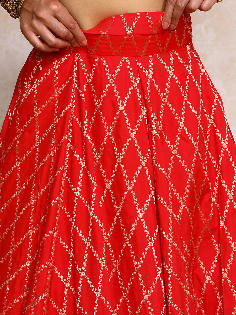 Hoor x Tyohaar Lehenga Set, in Red Viscose Silk Brocade, featuring elbow sleeves and jewel neckline (view 4).