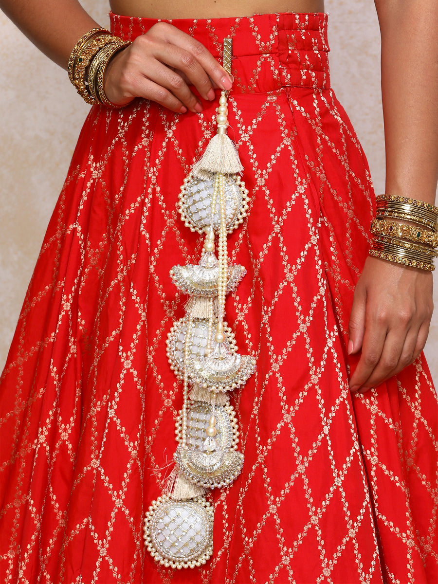 Hoor x Tyohaar Lehenga Set, in Red Viscose Silk Brocade, featuring elbow sleeves and jewel neckline (view 6).
