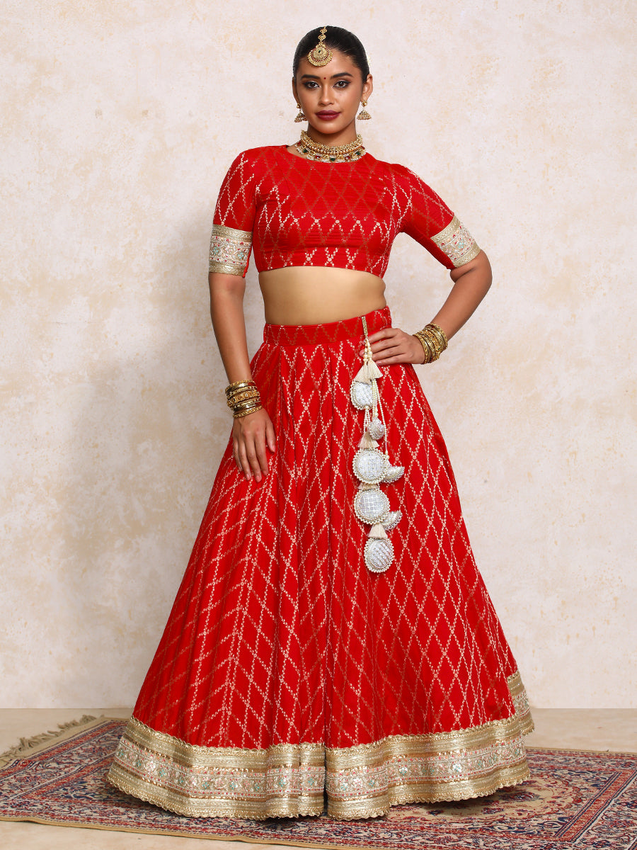 Hoor x Tyohaar Lehenga Set, in Red Viscose Silk Brocade, featuring elbow sleeves and jewel neckline (view 7).