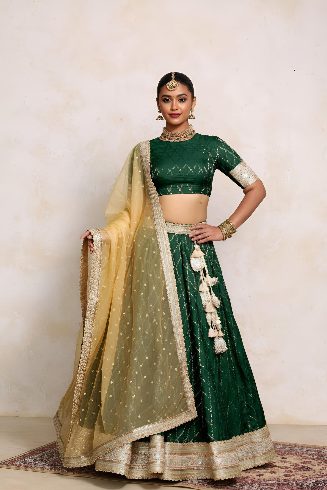 Hoor x Tyohaar Lehenga Set, in Green Viscose Silk Brocade, featuring elbow sleeves and jewel neckline.