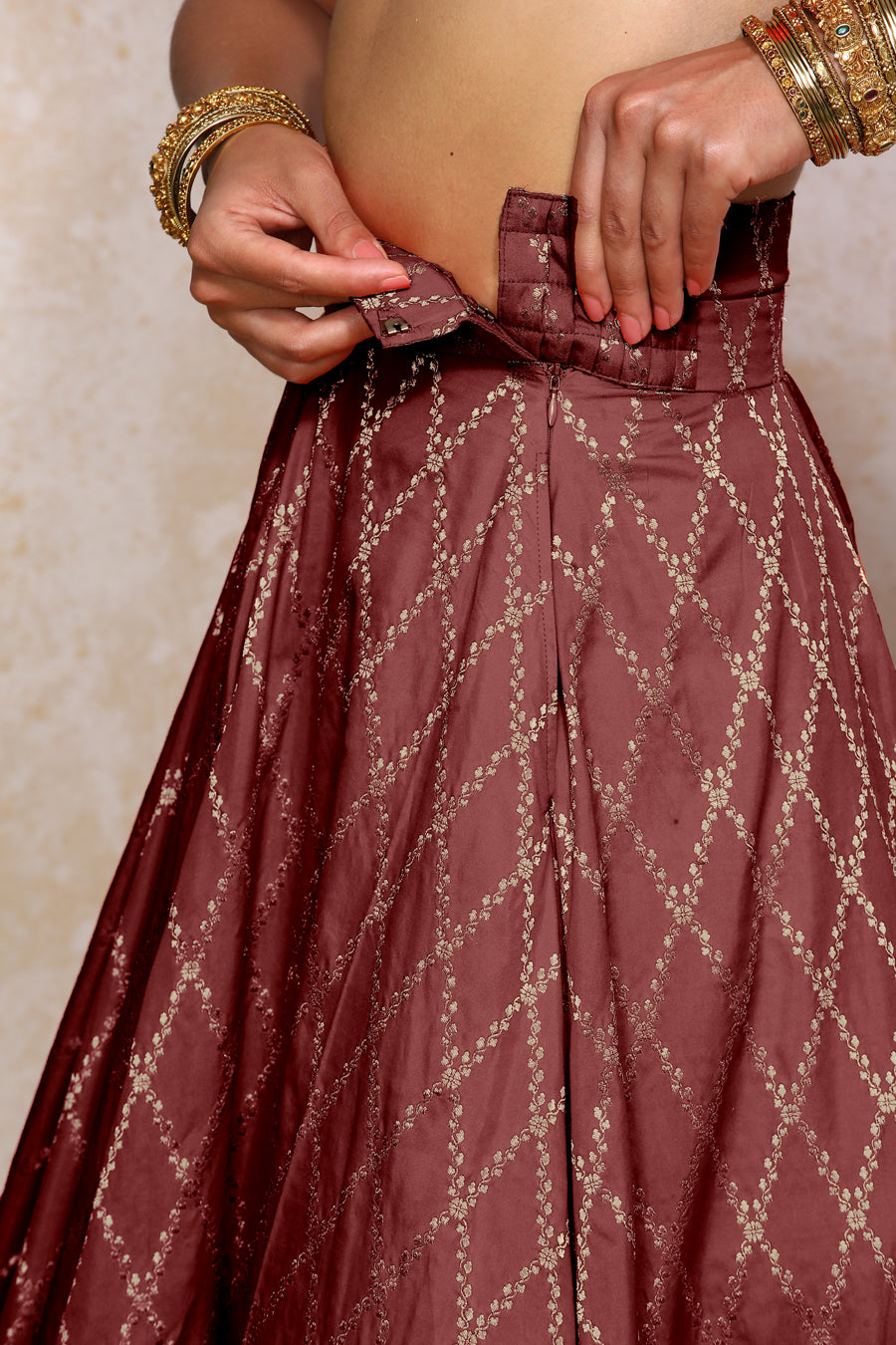 Hoor x Tyohaar Lehenga Set, in Maroon Viscose Silk Brocade, featuring elbow sleeves and jewel neckline (view 4).