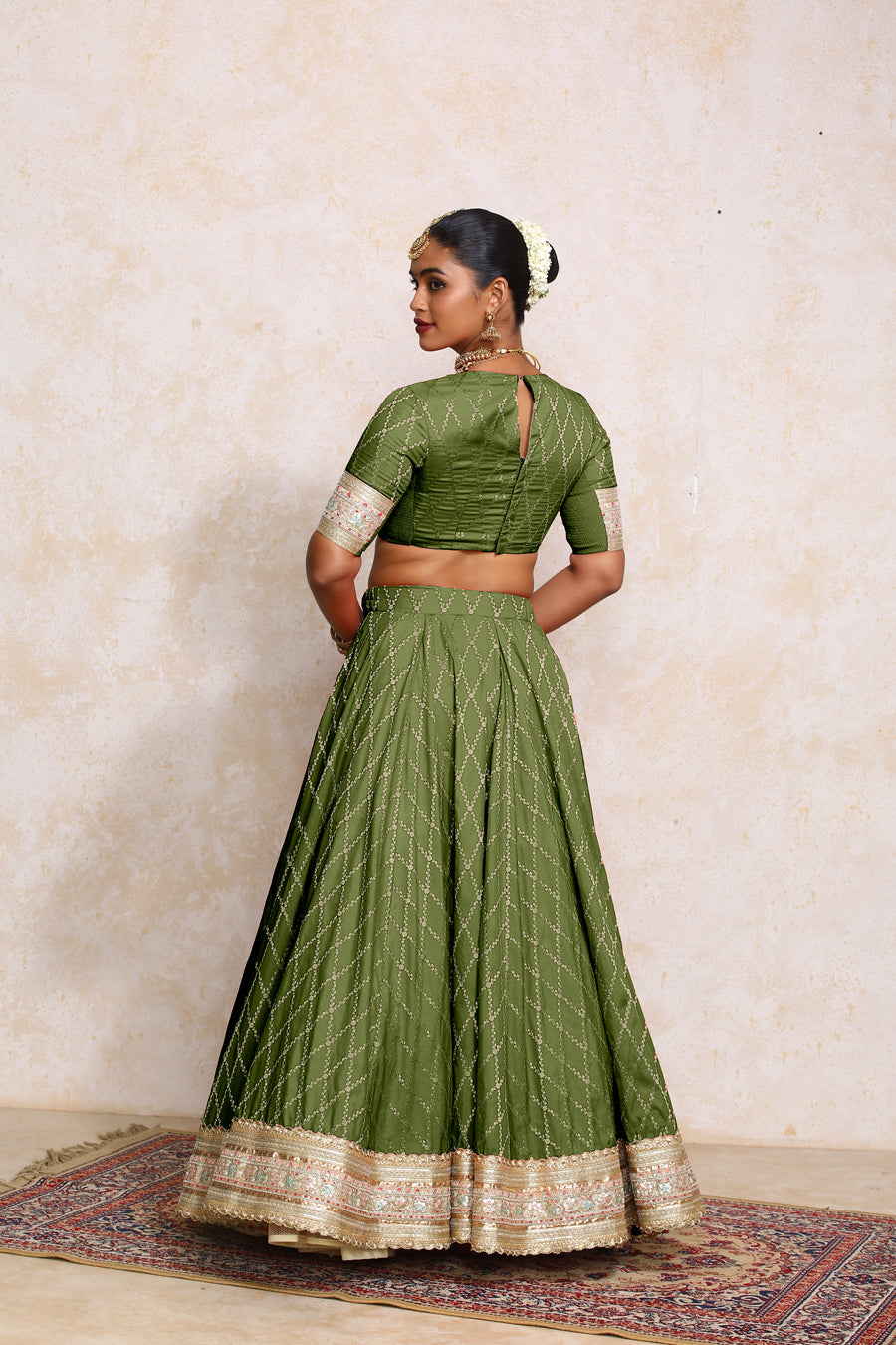 Hoor x Tyohaar Lehenga Set, in Green Viscose Silk Brocade, featuring elbow sleeves and jewel neckline (view 2).