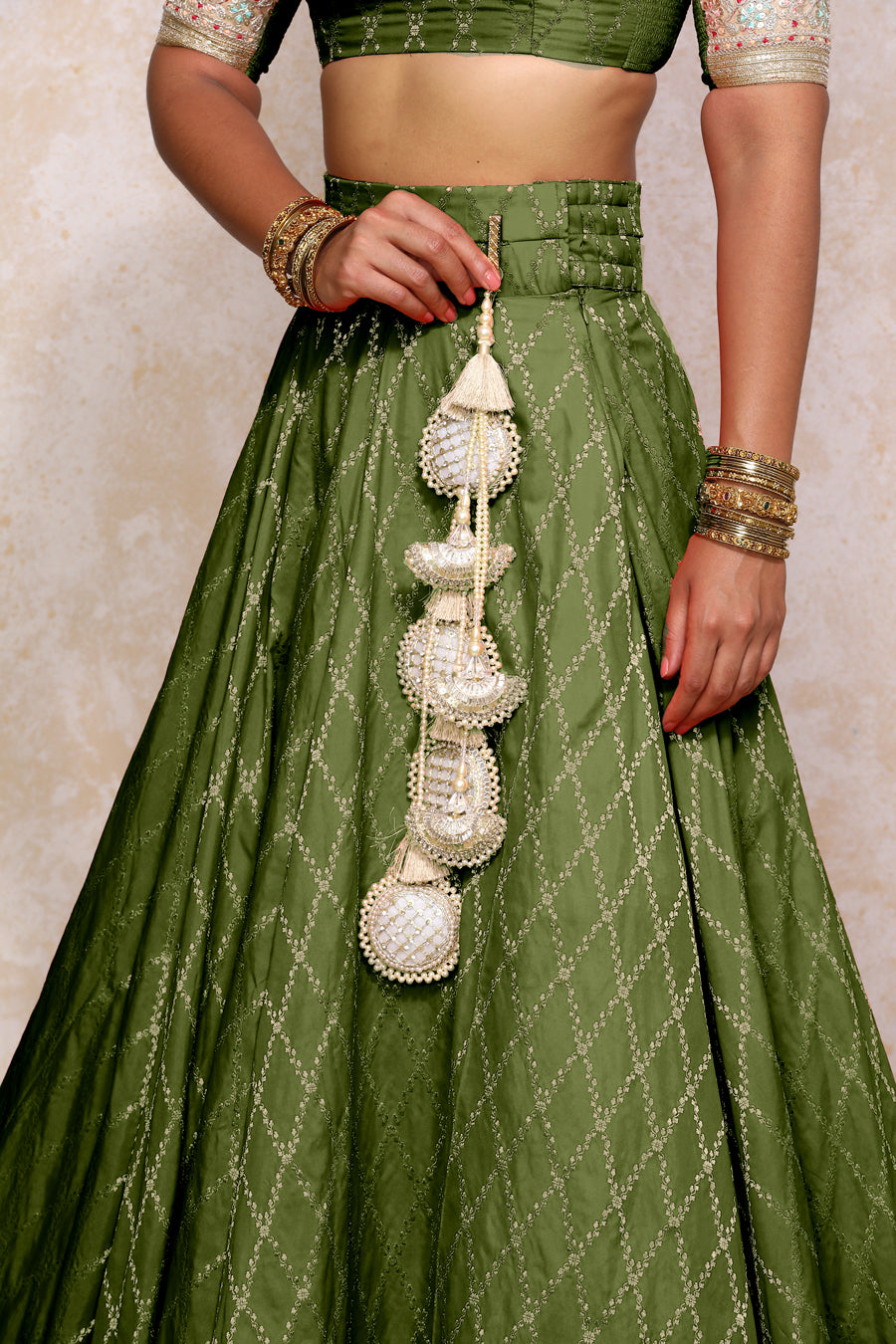 Hoor x Tyohaar Lehenga Set, in Green Viscose Silk Brocade, featuring elbow sleeves and jewel neckline (view 6).