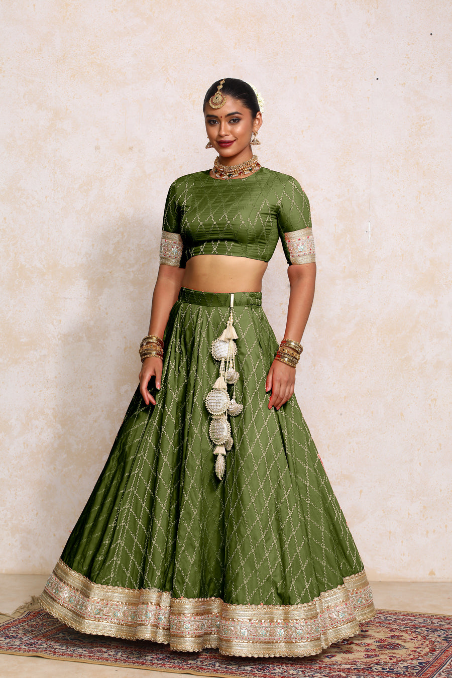 Hoor x Tyohaar Lehenga Set, in Green Viscose Silk Brocade, featuring elbow sleeves and jewel neckline (view 7).