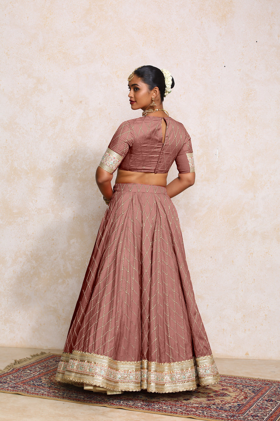 Hoor x Tyohaar Lehenga Set, in Pink Viscose Silk Brocade, featuring elbow sleeves and jewel neckline (view 3).