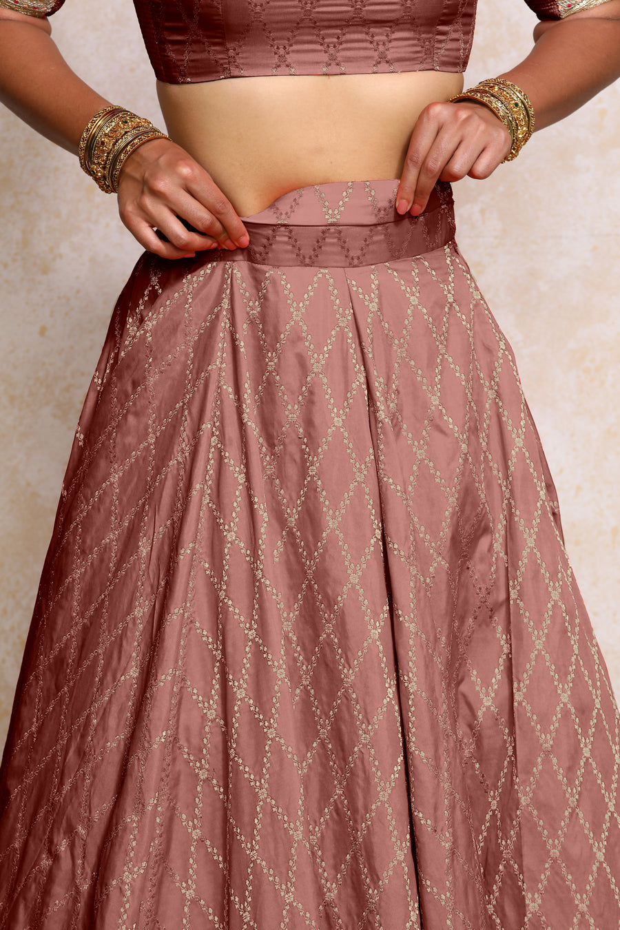 Hoor x Tyohaar Lehenga Set, in Pink Viscose Silk Brocade, featuring elbow sleeves and jewel neckline (view 6).
