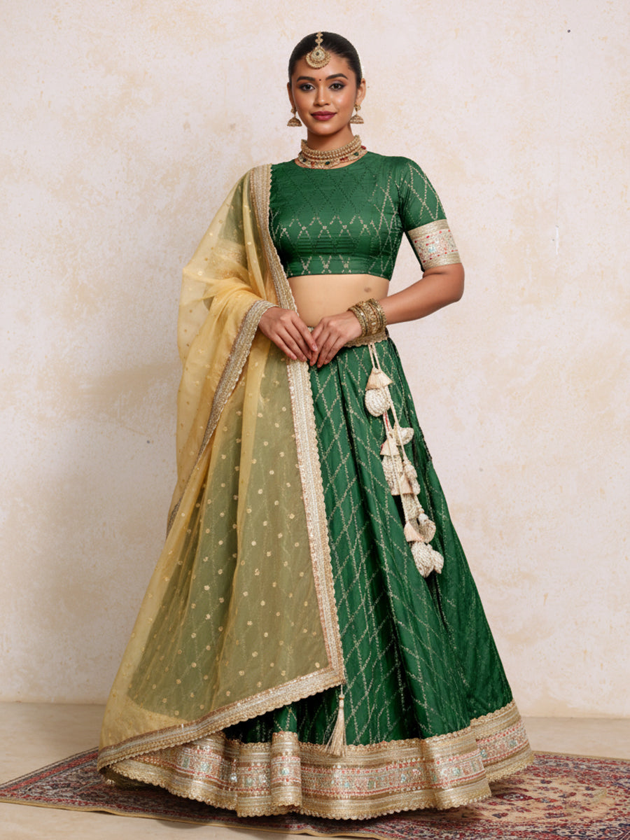 Hoor x Tyohaar Lehenga Set, in Green Viscose Silk Brocade, featuring elbow sleeves and jewel neckline.