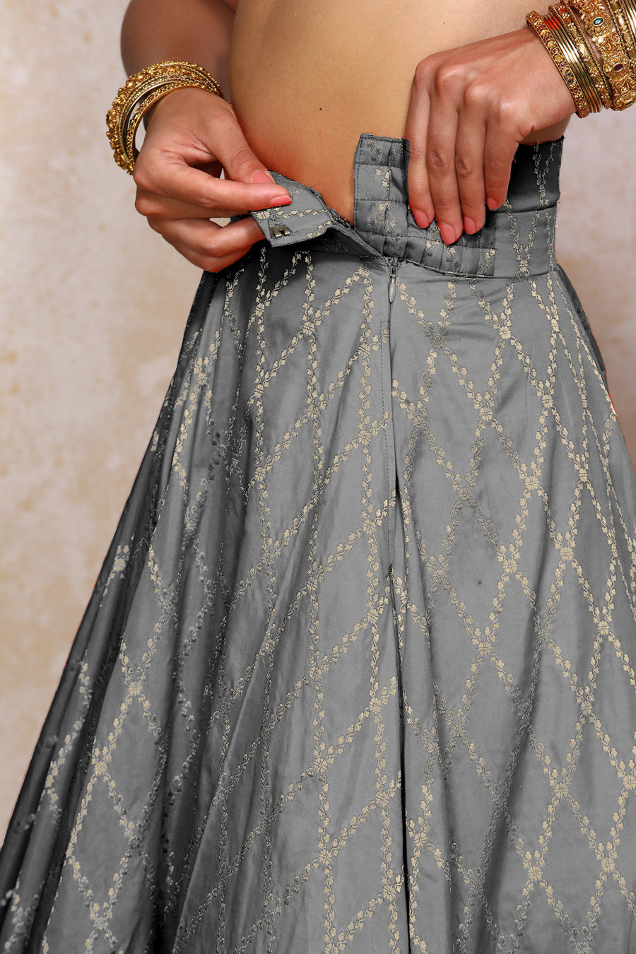Hoor x Tyohaar Lehenga Set, in Grey Viscose Silk Brocade, featuring elbow sleeves and jewel neckline (view 5).