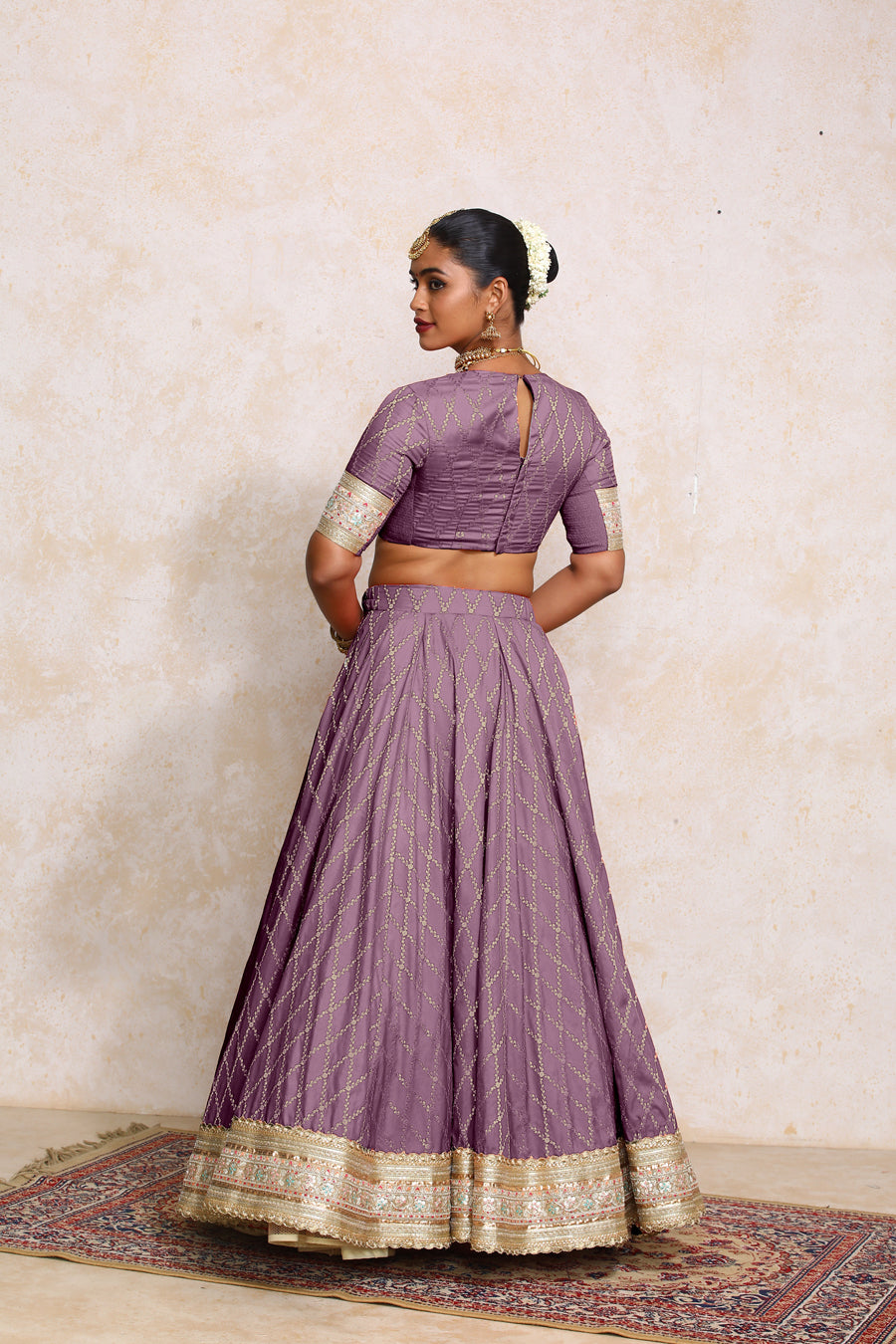 Hoor x Tyohaar Lehenga Set, in Purple Viscose Silk Brocade, featuring elbow sleeves and jewel neckline (view 2).