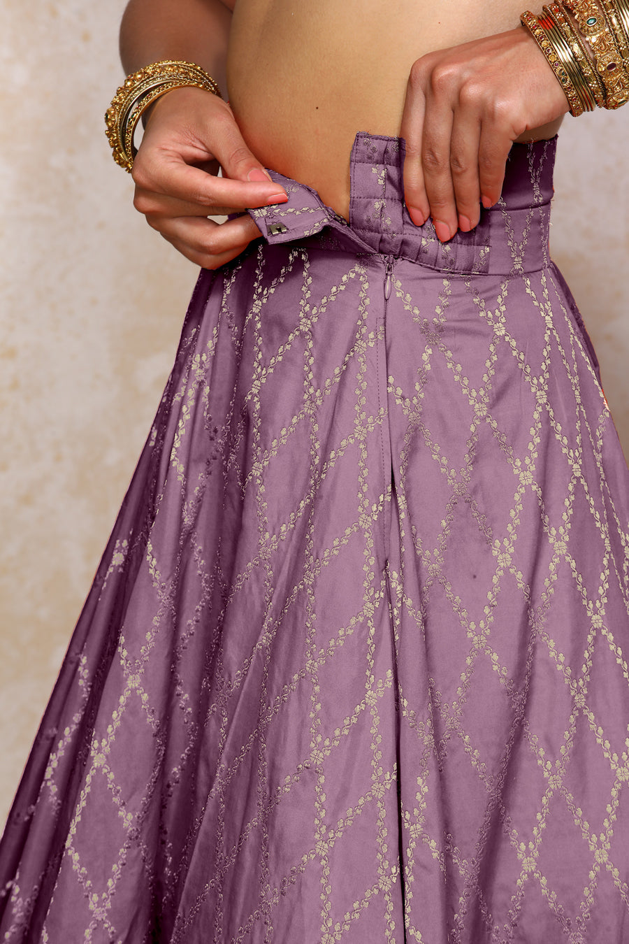 Hoor x Tyohaar Lehenga Set, in Purple Viscose Silk Brocade, featuring elbow sleeves and jewel neckline (view 4).