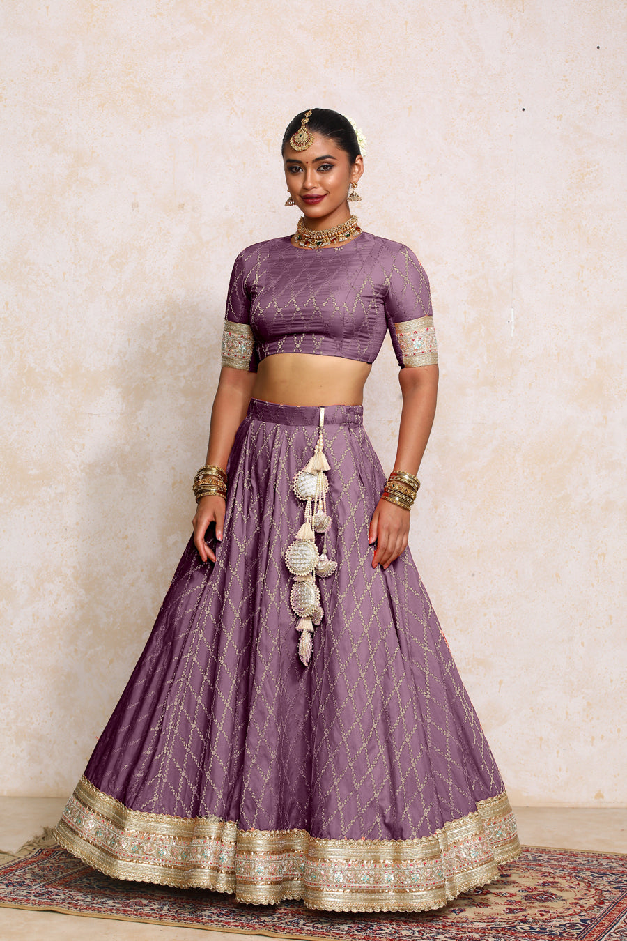 Hoor x Tyohaar Lehenga Set, in Purple Viscose Silk Brocade, featuring elbow sleeves and jewel neckline (view 7).