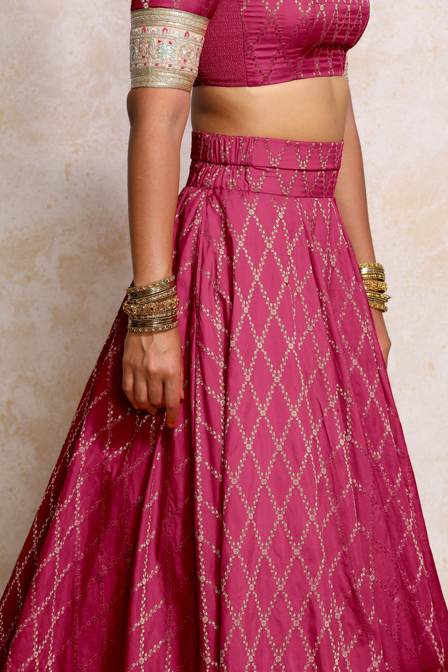 Hoor x Tyohaar Lehenga Set, in Pink Viscose Silk Brocade, featuring elbow sleeves and jewel neckline (view 3).