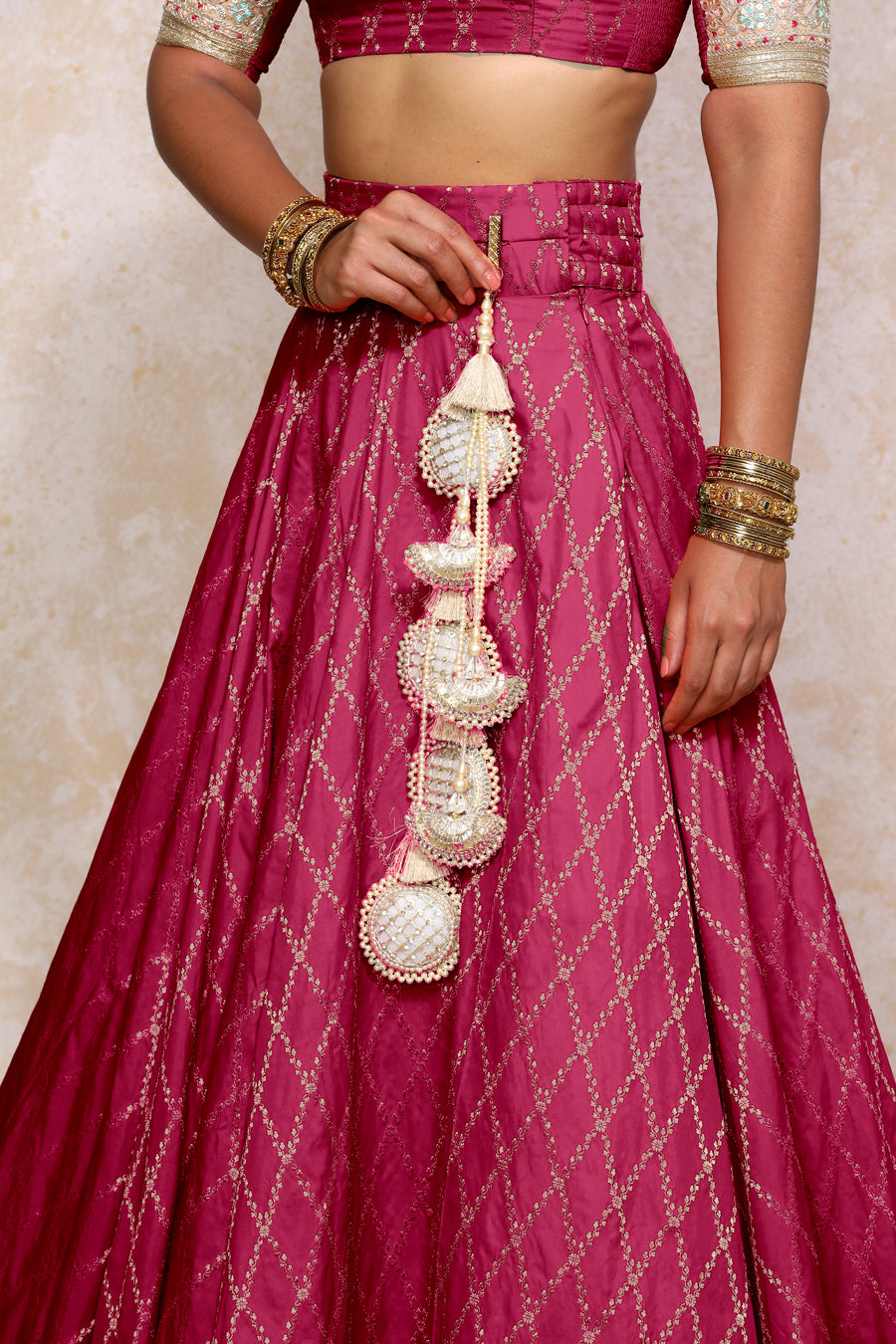 Hoor x Tyohaar Lehenga Set, in Pink Viscose Silk Brocade, featuring elbow sleeves and jewel neckline (view 6).