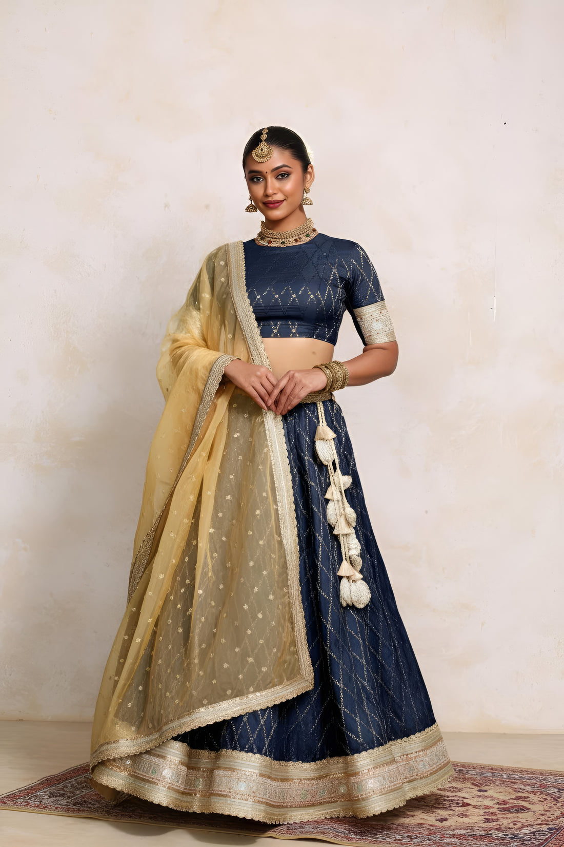 Hoor x Tyohaar Lehenga Set, in Blue Viscose Silk Brocade, featuring elbow sleeves and jewel neckline.