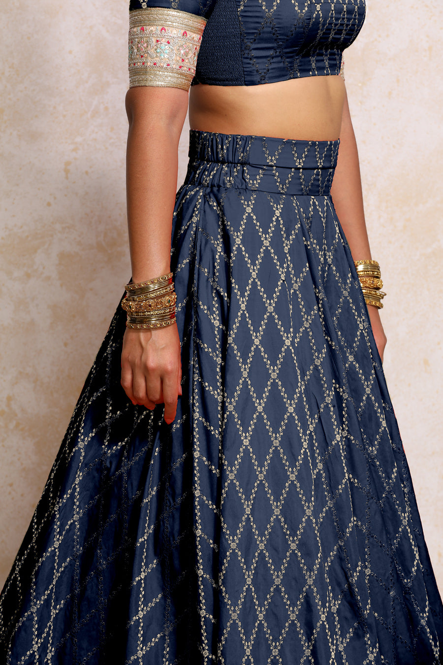 Hoor x Tyohaar Lehenga Set, in Blue Viscose Silk Brocade, featuring elbow sleeves and jewel neckline (view 3).