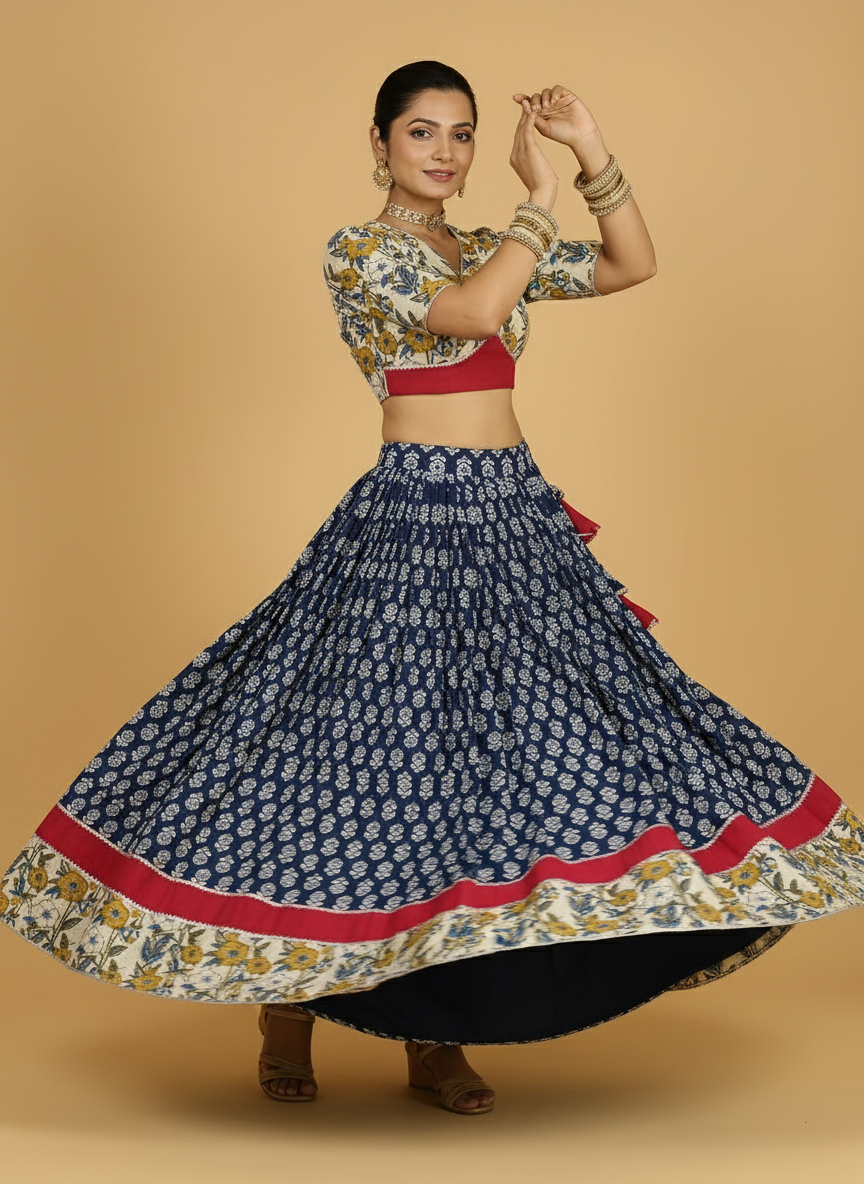 Jyotir x Tyohaar Lehenga Set, in Blue 100% Cotton - Block Printed, featuring elbow sleeves and v-neckline (view 2).