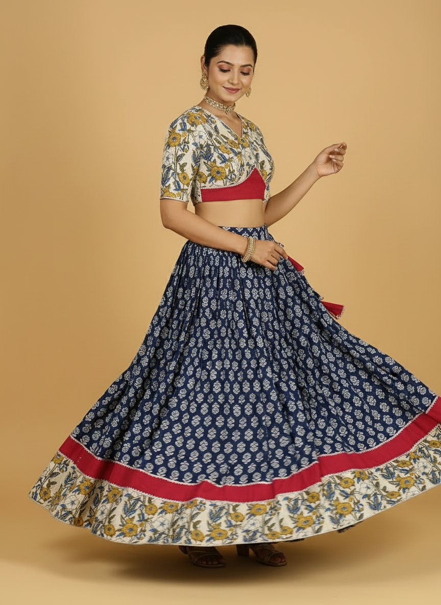 Jyotir x Tyohaar Lehenga Set, in Blue 100% Cotton - Block Printed, featuring elbow sleeves and v-neckline (view 4).