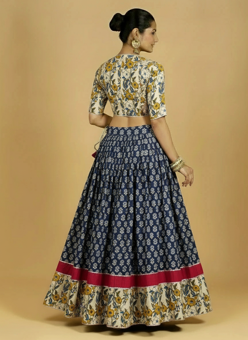 Jyotir x Tyohaar Lehenga Set, in Blue 100% Cotton - Block Printed, featuring elbow sleeves and v-neckline (view 5).