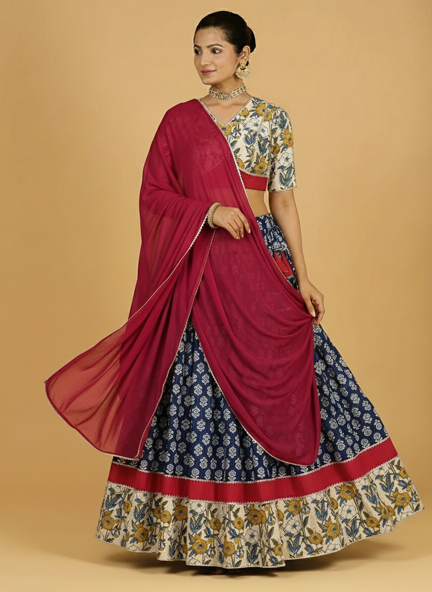 Jyotir x Tyohaar Lehenga Set, in Blue 100% Cotton - Block Printed, featuring elbow sleeves and v-neckline (view 6).
