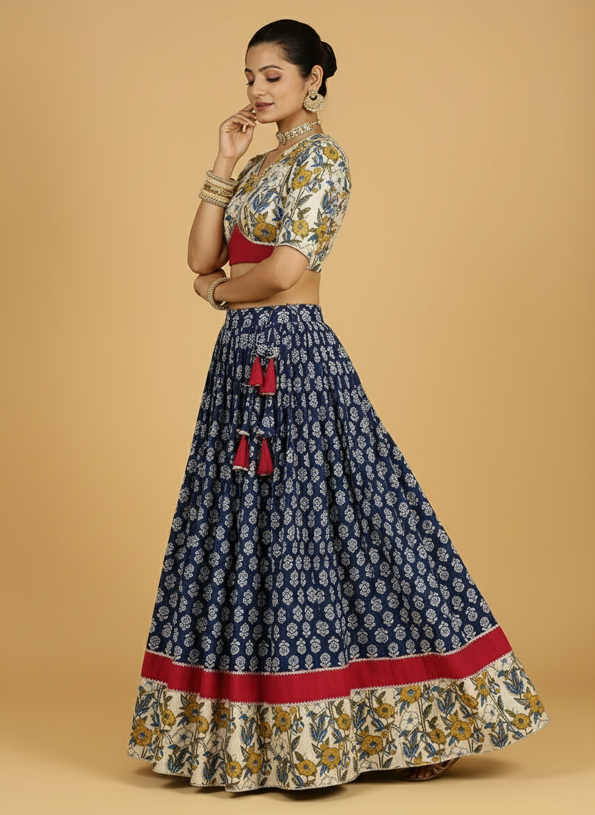 Jyotir x Tyohaar Lehenga Set, in Blue 100% Cotton - Block Printed, featuring elbow sleeves and v-neckline (view 7).