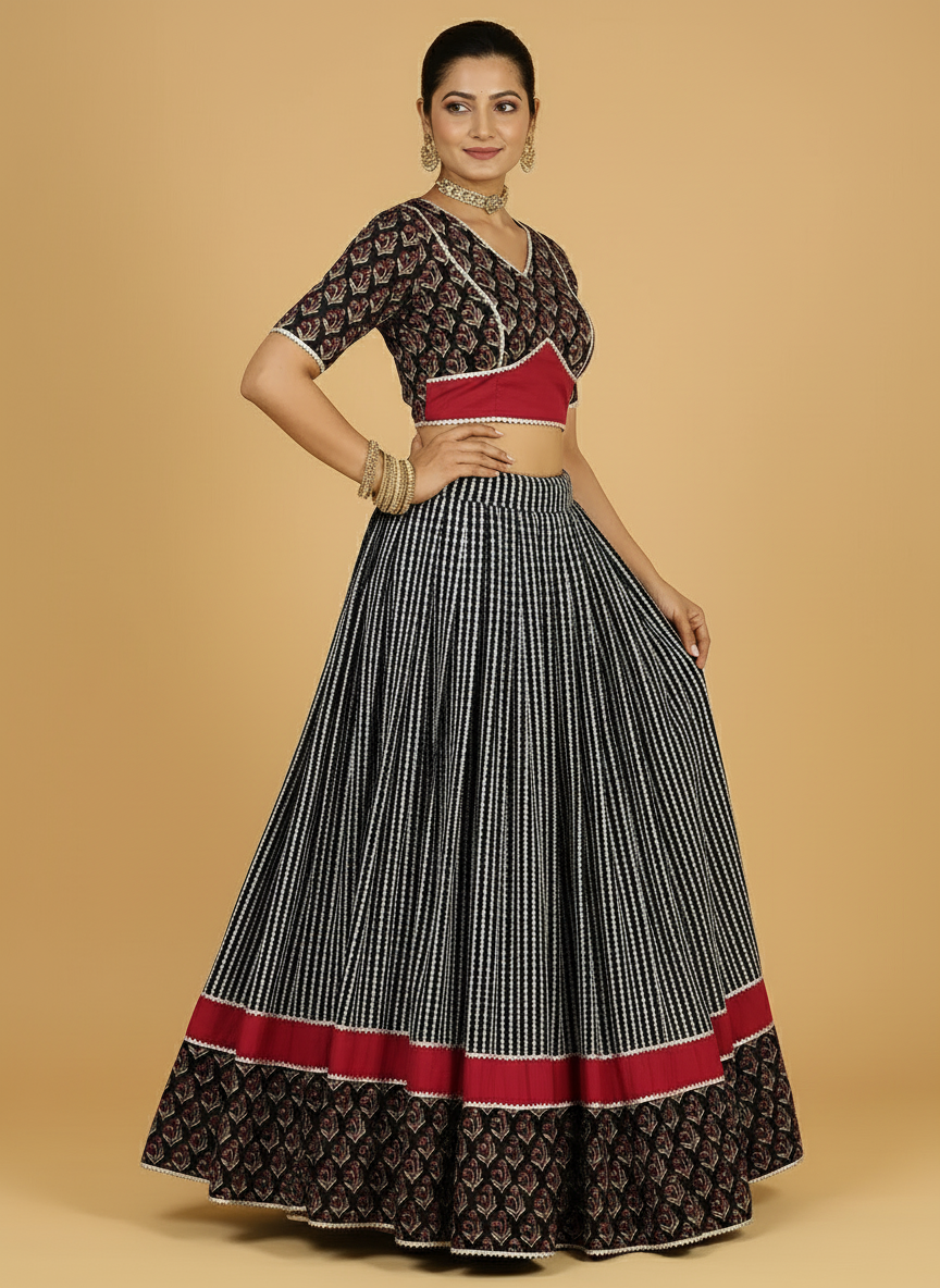Kalash x Tyohaar Lehenga Set, in Black 100% Cotton - Block Printed, featuring elbow sleeves and v-neckline (view 5).