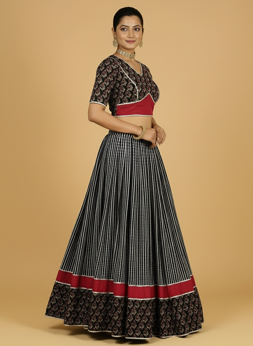 Kalash x Tyohaar Lehenga Set, in Black 100% Cotton - Block Printed, featuring elbow sleeves and v-neckline (view 7).