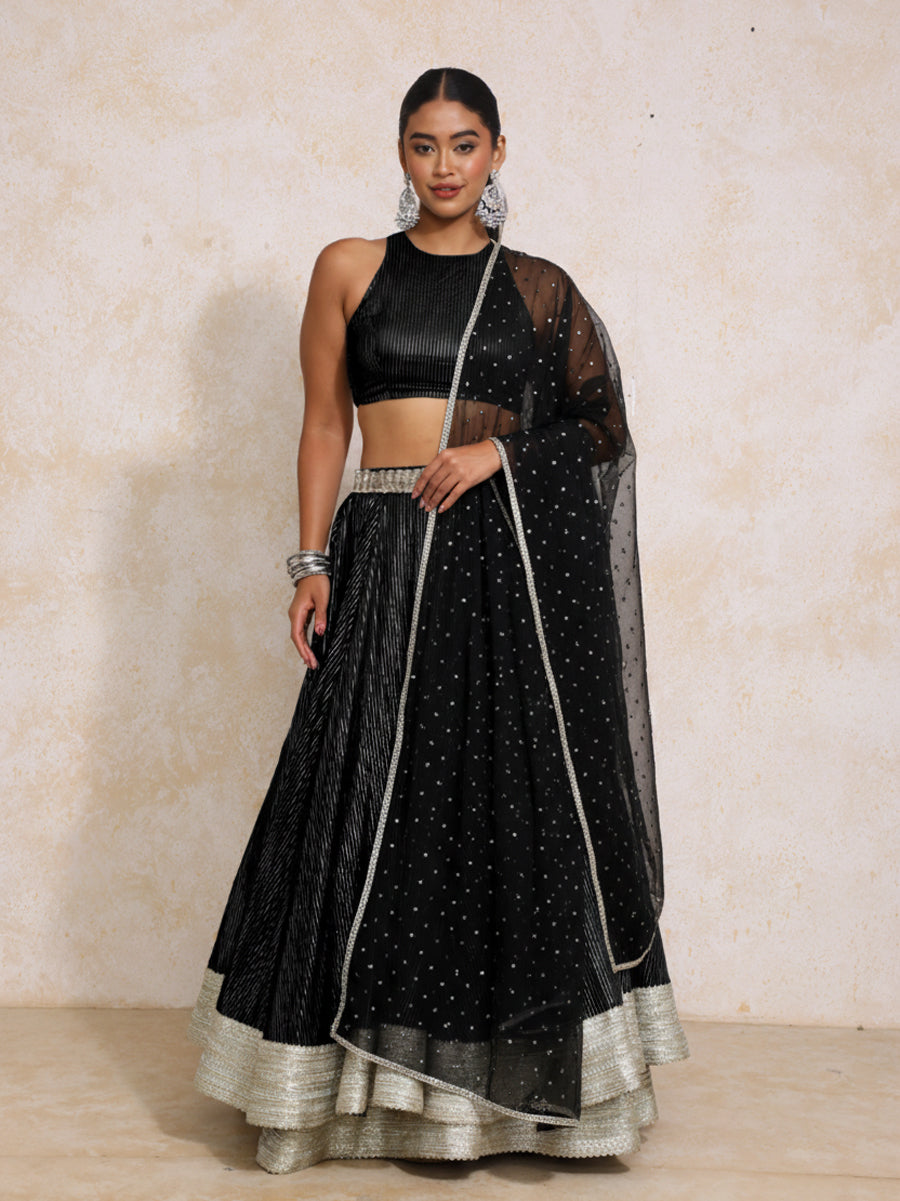 Kimaya x Tyohaar | Black Silver Stripe Cotton FlareFit™ Lehenga Set with Dupatta
