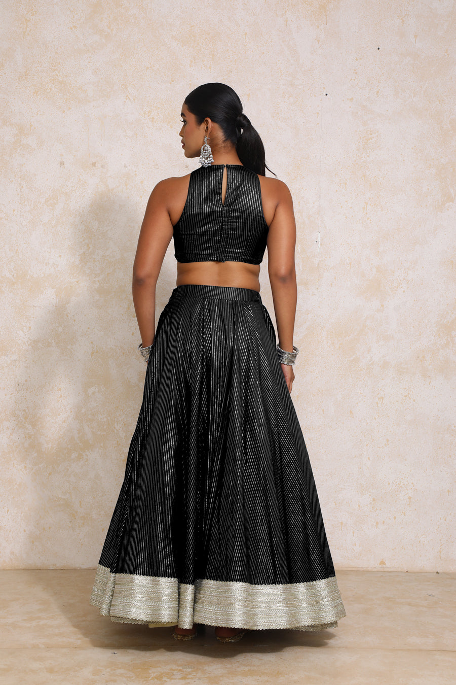 Kimaya x Tyohaar Lehenga Set, in Black 100% Cotton & Lurex, featuring sleeveless and halter neckline (view 2).