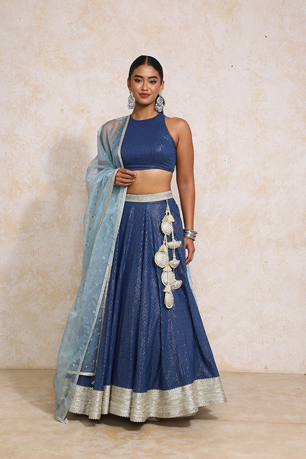Kimaya x Tyohaar Lehenga Set, in Blue 100% Cotton & Lurex, featuring sleeveless and halter neckline.