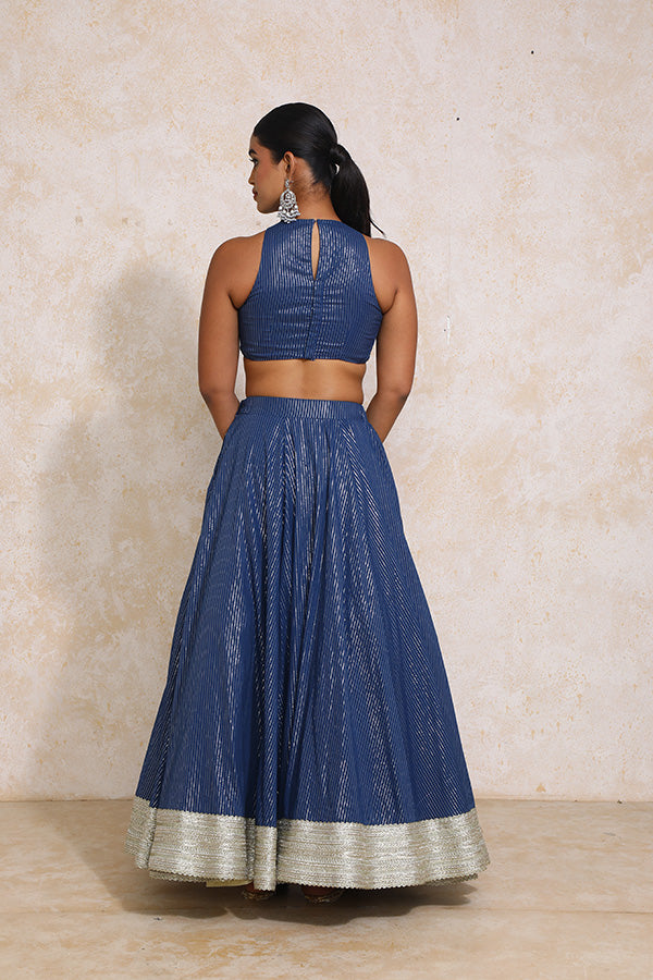 Kimaya x Tyohaar Lehenga Set, in Blue 100% Cotton & Lurex, featuring sleeveless and halter neckline (view 2).