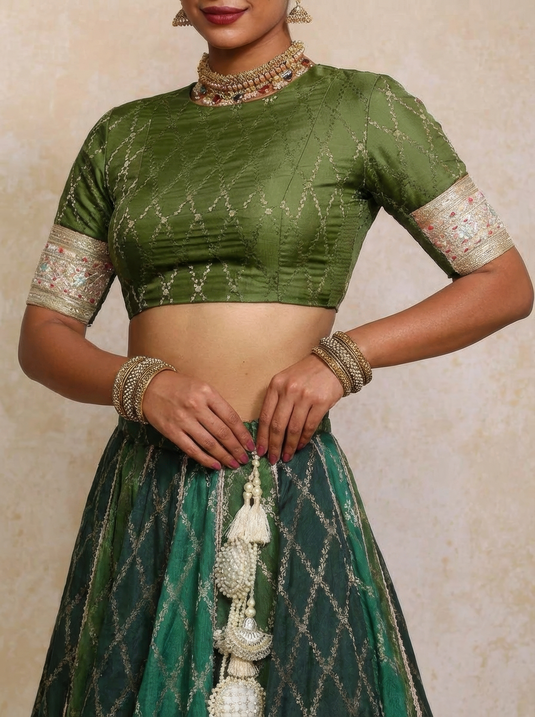 Mabiha x Tyohaar Lehenga Set, in Green Viscose Silk Brocade, featuring elbow sleeves and v-neckline (view 7).