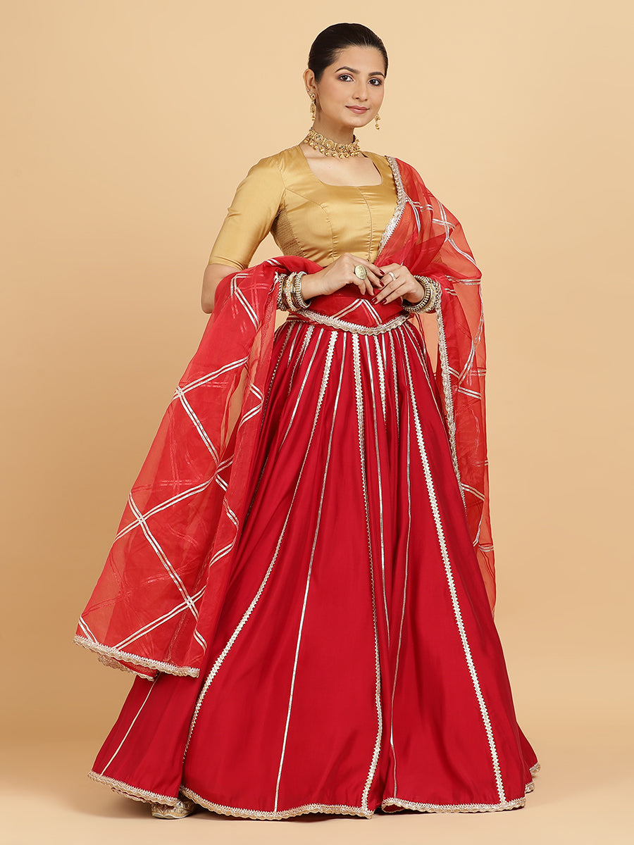 Madhuri Aziza 4-Pc Lehenga Set x Tyohaar, in Red, featuring elbow sleeves and square neckline, made for party & festive.
