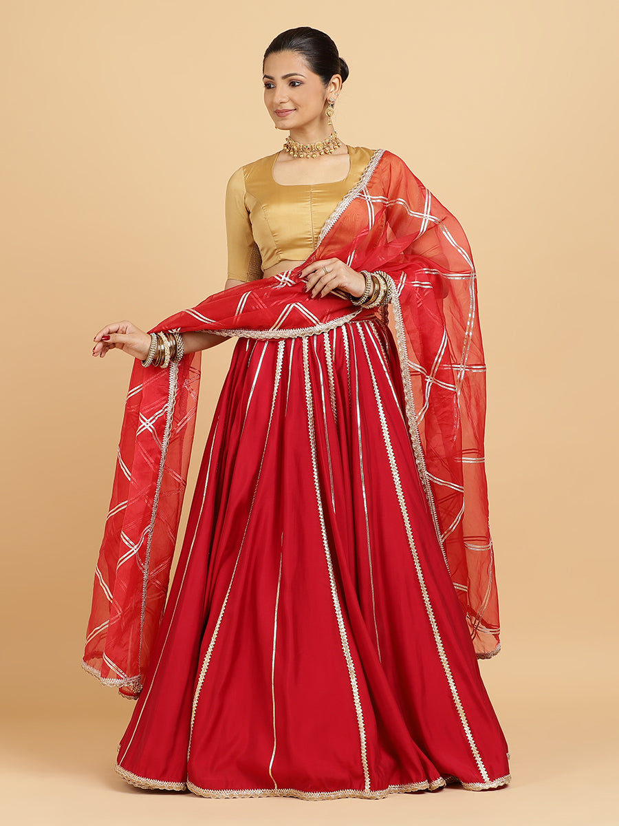 Madhuri Aziza 4-Pc Lehenga Set x Tyohaar, in Red, featuring elbow sleeves and square neckline, made for party & festive.
