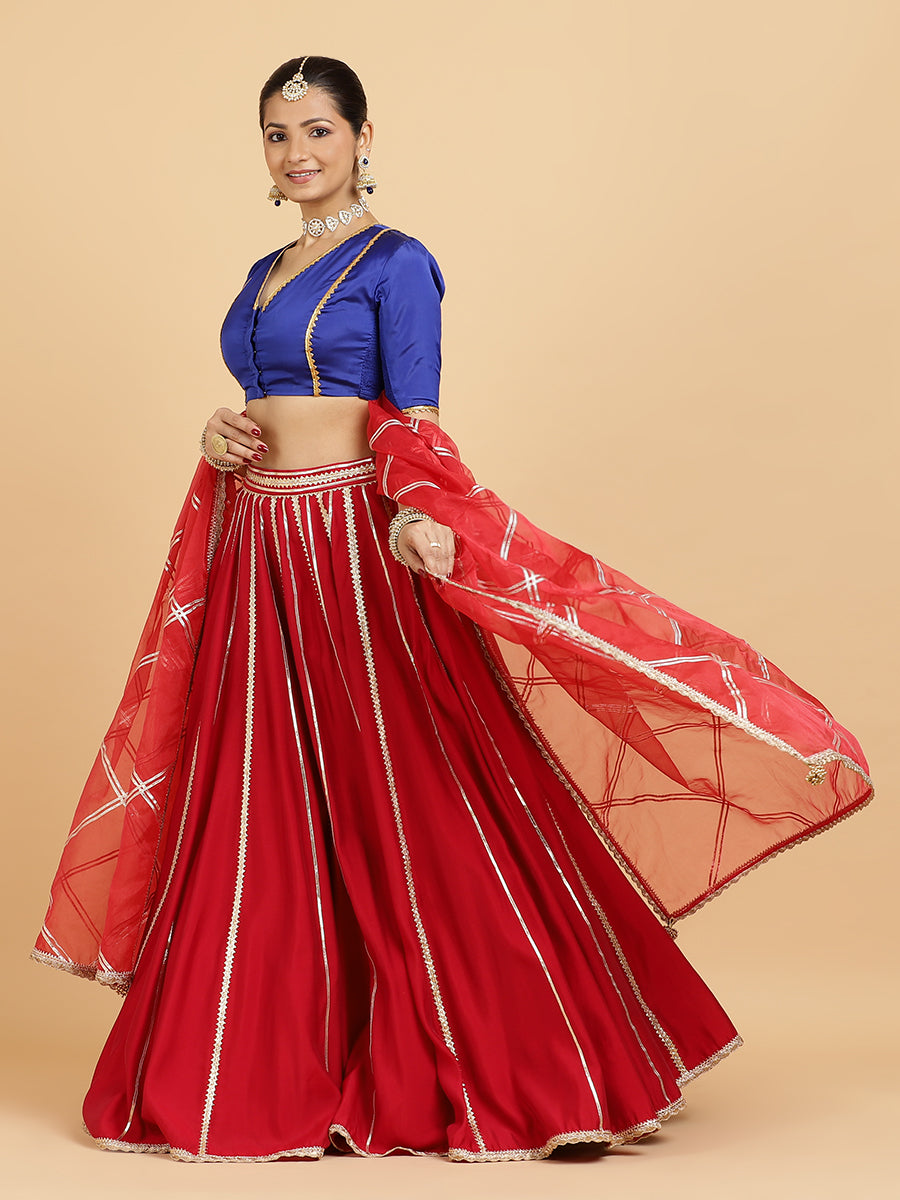 Madhuri Begum 4-Pc Lehenga Set x Tyohaar, in Red, featuring elbow sleeves and v-neckline, made for party & festive (view 4).