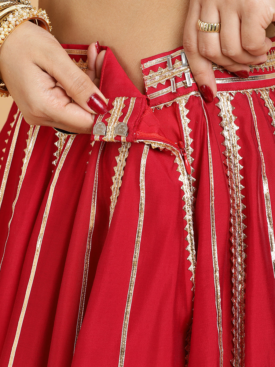 Madhuri Begum 4-Pc Lehenga Set x Tyohaar, in Red, featuring elbow sleeves and v-neckline, made for party & festive (view 7).