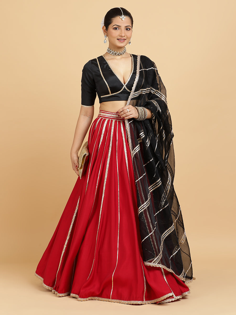 Madhuri Zeenat 4-Pc Lehenga Set x Tyohaar, in Red, featuring elbow sleeves and v-neckline, made for party & festive (view 7).
