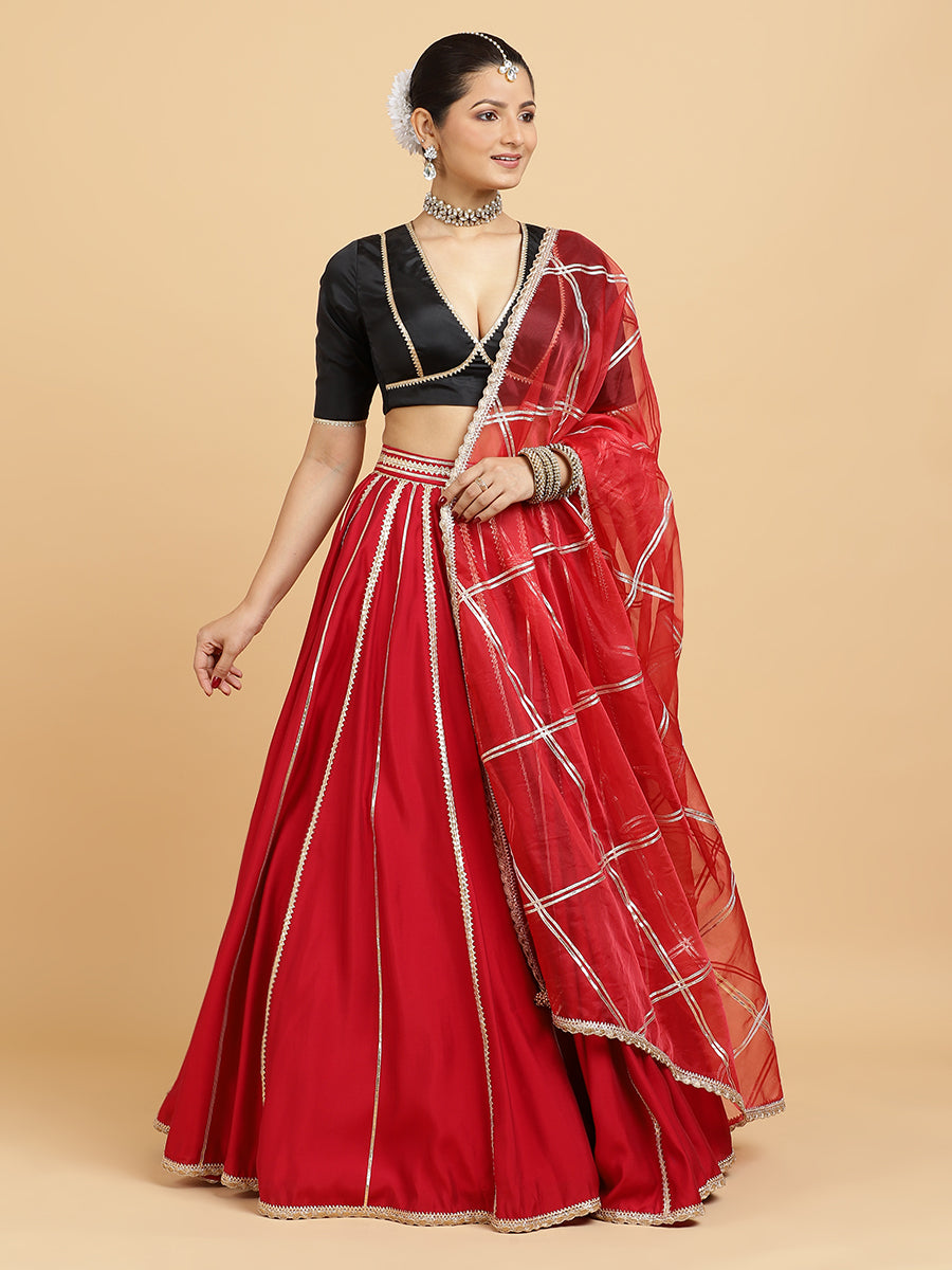 Madhuri Zeenat 4-Pc Lehenga Set x Tyohaar, in Red, featuring elbow sleeves and v-neckline, made for party & festive (view 7).