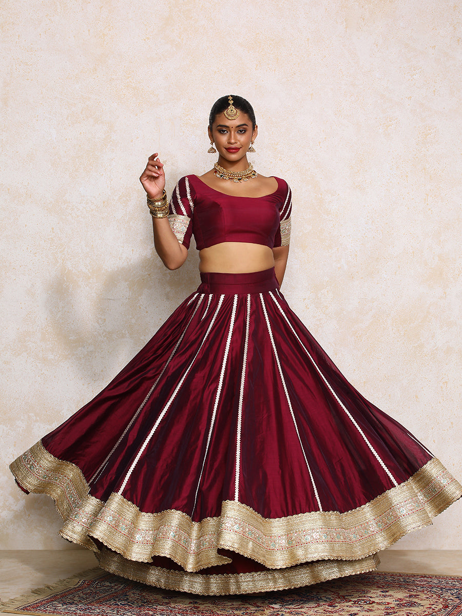 Mahira x Tyohaar Lehenga Set, in Maroon Chandheri, featuring elbow sleeves and scoop neckline, made for party & festive.
