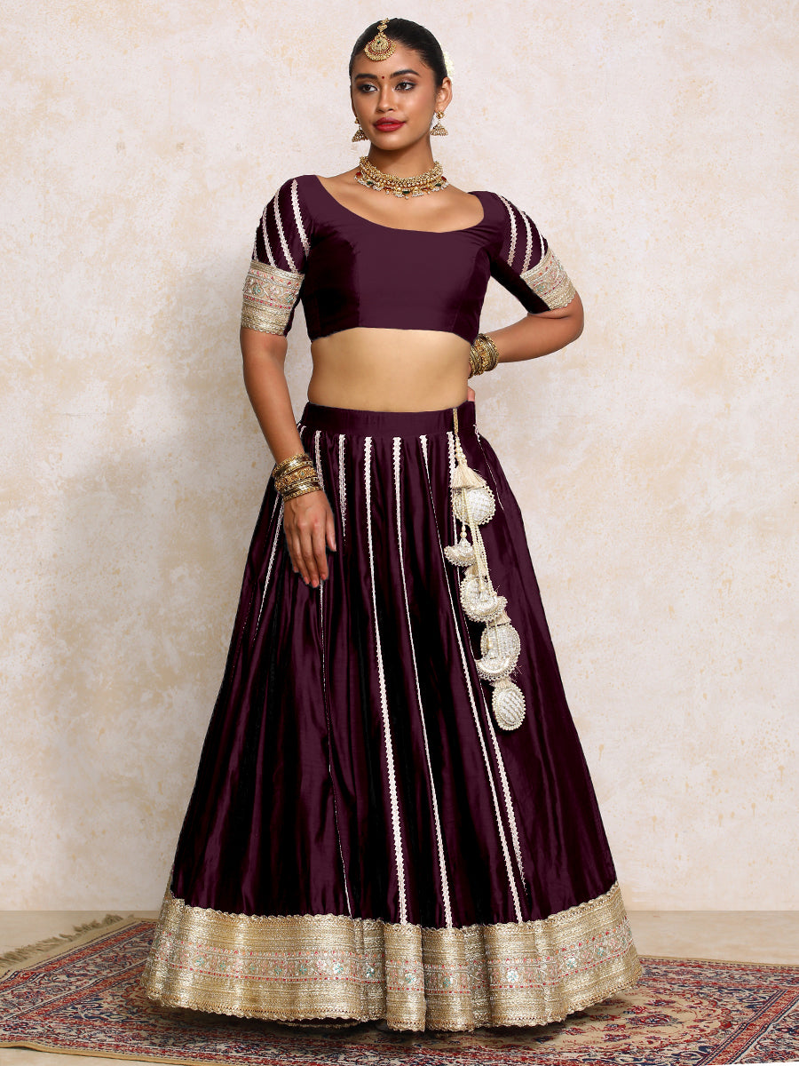 Mahira x Tyohaar Lehenga Set, in Purple Chandheri, featuring elbow sleeves and scoop neckline, made for party & festive.
