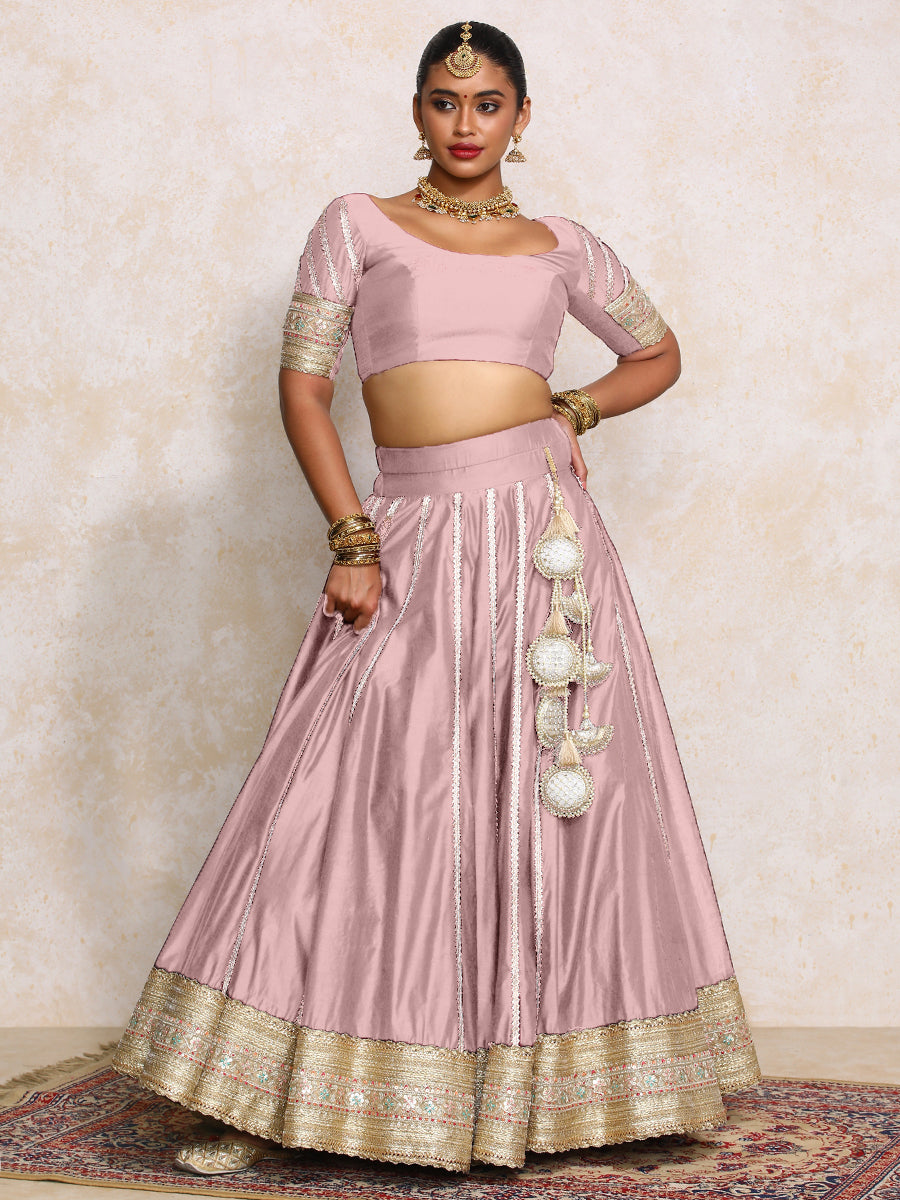 Mahira x Tyohaar Lehenga Set, in Purple Chandheri, featuring elbow sleeves and scoop neckline, made for party & festive.